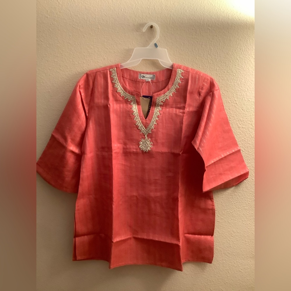 New Tunic Style Tops Blouse Peach Pink color with Silver thread work